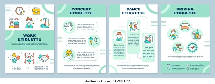 Etiquette types brochure template. Ethical code. Rules and norms. Leaflet design with linear icons. 4 vector layouts for presentation, annual reports. Arial-Black, Myriad Pro-Regular fonts used