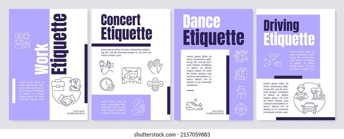 Etiquette types purple brochure template. Ethical code. Rules and norms. Leaflet design with linear icons. 4 vector layouts for presentation, annual reports. Anton, Lato-Regular fonts used