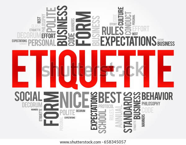 Etiquette word cloud collage, social business concept on blackboard