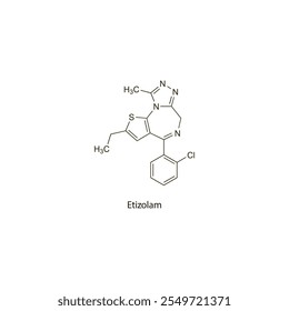 Etizolam flachen Skelett molekulare Struktur Benzodiazepin Medikament in Angst, Schlaflosigkeit Behandlung verwendet. Wissenschaftliches Vektorgrafik.