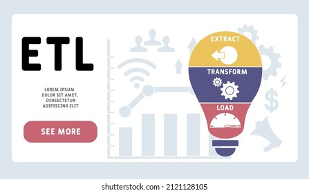 ETL - Extract Transform Load acronym. business concept background. vector illustration concept with keywords and icons. lettering illustration with icons for web banner, flyer, landing pag