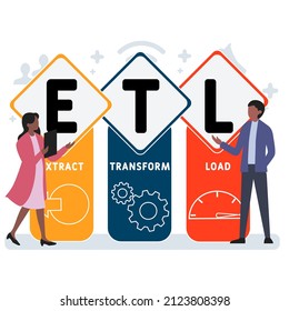 ETL - Extract Transform Load acronym. business concept background. vector illustration concept with keywords and icons. lettering illustration with icons for web banner, flyer, landing pag