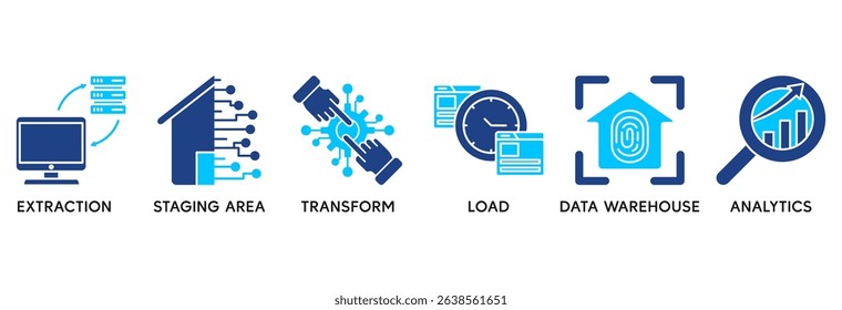 ETL icon set vector illustration concept relate to extract transform load with icon of extraction, staging area, data warehouse and analytics