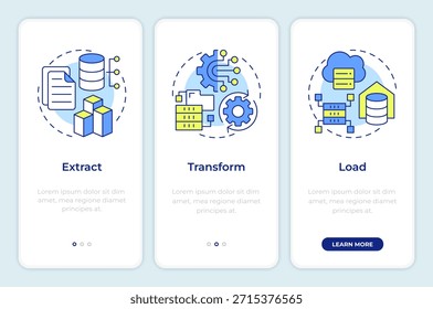 ETL process onboarding mobile app screen. Data integration methodology. Walkthrough 3 steps editable graphic instructions with linear concepts. UI, UX, GUI