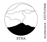 Etna eruption. Sicilian volcano. Isolated black and white illustration of an active volcano. Silhouette. Catania, Sicily, Italy