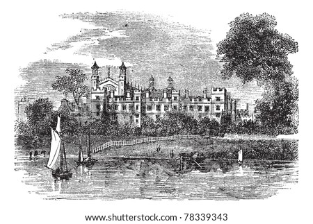 Eton College in Windsor, England, United Kingdom, during the 1890s, vintage engraving. Old engraved illustration of Eton College. Trousset Encyclopedia