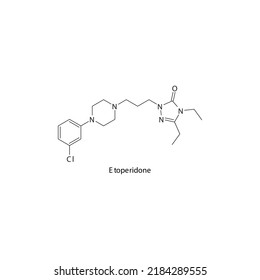 Etoperidone molecule flat skeletal structure, SARI - Selective serotonin reuptake inhibitor class drug used in depression treatment. Vector illustration on white background.