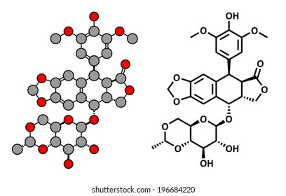 Etoposide cancer chemotherapy drug, chemical structure. Conventional skeletal formula and stylized representation, showing atoms (except hydrogen) as color coded circles.