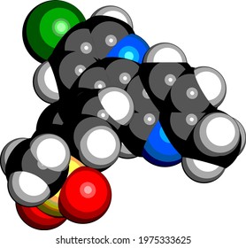 Etoricoxib drug molecule. 3D rendering. Atoms are represented as spheres with conventional color coding: hydrogen (white), carbon (black), nitrogen (blue), oxygen (red), chlorine (green), etc