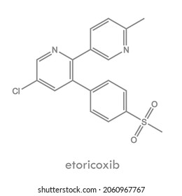 Etoricoxib structure, a nonsteroidal anti-inflammatory drug molecule (NSAID). Used in treatment of pain and arthritis. Skeletal formula.