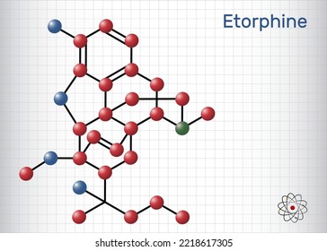 Etorphine, M99-Molekül. Es ist ein Opioid-Analgetikum, Sedativum, das nur für tierärztliche Zwecke bestimmt ist. Strukturelle chemische Formel, Molekül-Modell. Blatt Papier in einem Käfig. Vektorgrafik