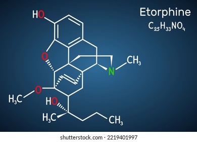 Etorfina, molécula M99. Es alcaloide morfinano, analgésico opioide, sedante sólo para uso veterinario. Fórmula química estructural en el fondo azul oscuro. Ilustración del vector