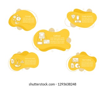 E-trading concept illustrations. E-commerce, marketing yellow infographic template. Fluid elements with text and linear icons. Five wavy bubbles steps. Presentation, banner report vector cliparts
