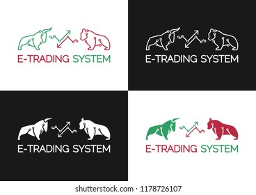 E-Trading System Emblem. Set of pictograms of artistic silhouettes of a bull and a bear formed from printable circuit board pattern standing on both sides of trending arrows.