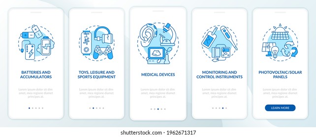 E-trash categories onboarding mobile app page screen with concepts. Accumulators, solar panels walkthrough 5 steps graphic instructions. UI, UX, GUI vector template with linear color illustrations