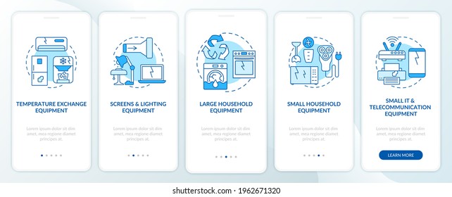 E-trash categories onboarding mobile app page screen with concepts. Household equipment walkthrough 5 steps graphic instructions. UI, UX, GUI vector template with linear color illustrations