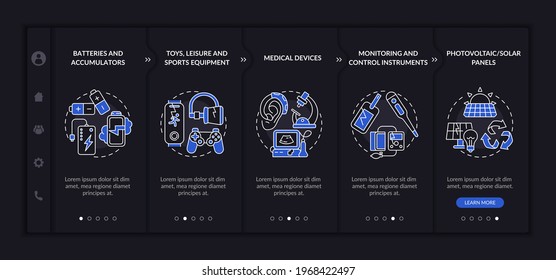 E-trash classification onboarding vector template. Responsive mobile website with icons. Web page walkthrough 5 step screens. Photovoltaic panel, batteries night mode concept with linear illustrations