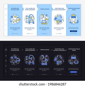 E-trash classification onboarding vector template. Responsive mobile website with icons. Web page walkthrough 5 step screens. Sports equipment night and day mode concept with linear illustrations