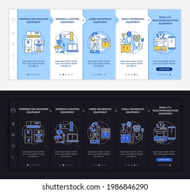 E-trash classification onboarding vector template. Responsive mobile website with icons. Web page walkthrough 5 step screens. Household equipment night and day mode concept with linear illustrations
