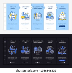 Elementos de E-trash a bordo de la plantilla vectorial. Sitio web móvil de respuesta con iconos. Recorrido de página Web de 5 pantallas de paso. Tubos de rayos, materiales tóxicos concepto de modo de noche y día con ilustraciones lineales