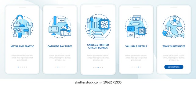 E-trash parts onboarding mobile app page screen with concepts. Metal and plastic, toxic materials walkthrough 5 steps graphic instructions. UI, UX, GUI vector template with linear color illustrations