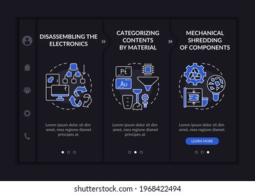 E-trash recycle onboarding vector template. Responsive mobile website with icons. Web page walkthrough 3 step screens. Content categorizing by material night mode concept with linear illustrations