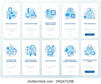 E-trash recycling onboarding mobile app page screen with concepts set. Components, types walkthrough 5 steps graphic instructions. UI, UX, GUI vector template with linear color illustrations