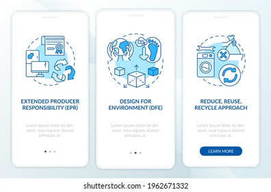 E-trash reducing initiatives onboarding mobile app page screen with concepts. Design, liability walkthrough 3 steps graphic instructions. UI, UX, GUI vector template with linear color illustrations