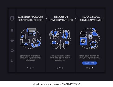 E-trash reducing initiatives onboarding vector template. Responsive mobile website with icons. Web page walkthrough 3 step screens. Extended responsibility night mode concept with linear illustrations