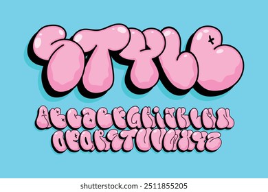 Metro Bubble gum bold diseño de fuente, alfabeto, tipografía. Conjunto de alfabeto en forma de burbuja de graffiti de Ilustración vectorial.