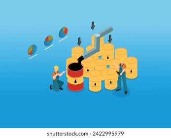 los ingenieros de petróleo controlan el funcionamiento del gasoducto de combustibles Ilustración vectorial isométrica 3d