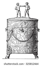Etruscan cist, vintage engraved illustration. Private life of Ancient-Antique family-1881.
