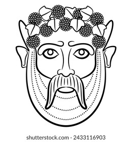 Etruscan mask of god Bacchus. Antique god of wine. Bearded horned male face wearing grape wreath. Black and white linear silhouette.