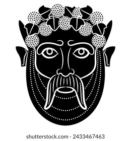 Etruscan mask of god Bacchus. Antique god of wine. Bearded horned male face wearing grape wreath. Black and white silhouette.