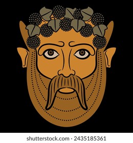 Etruscan mask of god Bacchus. Antique god of wine. Bearded horned male face wearing grape wreath. On black background.