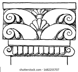 Etruscan Pilaster Cap, A plain astragal, taenia ringed the column beneath its plain cap, rock-cut tombs, vintage line drawing or engraving illustration.