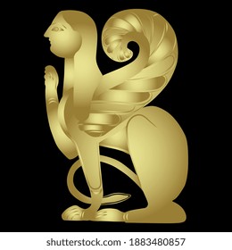 Etruscan sphinx. Fantastic winged mythological creature. Half cat half woman. Glossy golden silhouette on black background.