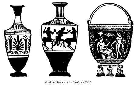 Etruscan Vases a product of Greece than Etrusca, it is the main trends in style over the period, vases were a standard element of grave inventories, vintage line drawing or engraving illustration.