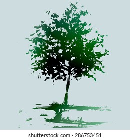 etude, landscape, illustration tree painted by water color paints on the paper