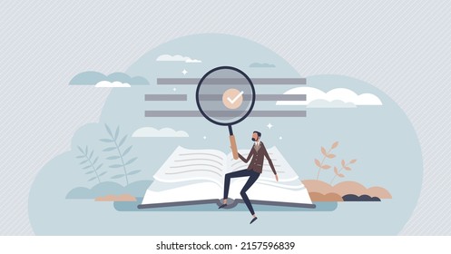 Etymology study as science of words history and origins tiny person concept. Semantics, morphology, semiotics, and phonetics evolution research with encyclopedia and book reading vector illustration.