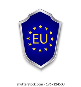 EU badge on the shield. Symbol of countries security. Blue illustration of European patriotism.