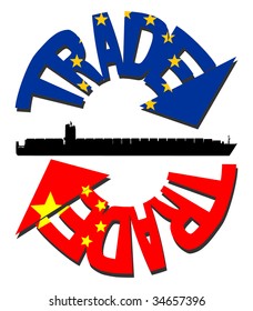 EU and Chinese trade with flags and container ship