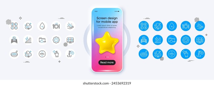 EU-Grenzen schließen, Verbrauchswachstum und Erholung Geräte Linie Icons. Telefon-Mockup mit 3D-Stern-Symbol. Pack der Video-Konferenz, Angelköder, Scroll-Down-Symbol. Vektorgrafik