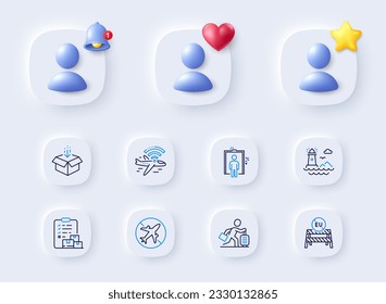 EU schließt Grenzen, Travel Delay und Delivery Report Line Symbole. Platzhalter mit 3D-Glocke, Stern, Herz. Paket von Airplane WiFi, Elevator, Get box Icon. Leuchtturm, Airplane-Mode-Piktogramm. Vektorgrafik