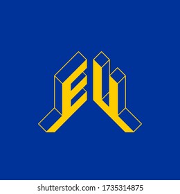 EU - is the country code top-level domain for the European Union. E and U - Monogram or logotype. Isometric 3d font for design. Volume alphabet. Three-dimension letters.