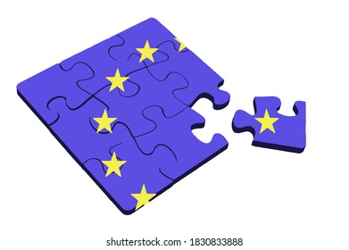 EU Crisis Concept: Incomplete EU Flag Wooden Jigsaw Puzzle With Missing Piece. White isolated background. Vector illustration