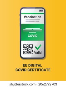 EU Digital COVID Certificate color flat element on a yellow background. QR code scanning in smartphone. Sign for web page, app. UI UX GUI design element. 