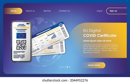 EU Digital COVID Certificate web banner and mobile app kit. Boarding pass documents for flight. Outline vector illustration