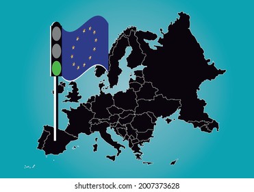 
La UE o la CEE dan luz verde a España. Mapa de Europa con la luz verde del tráfico de la UE sobre España