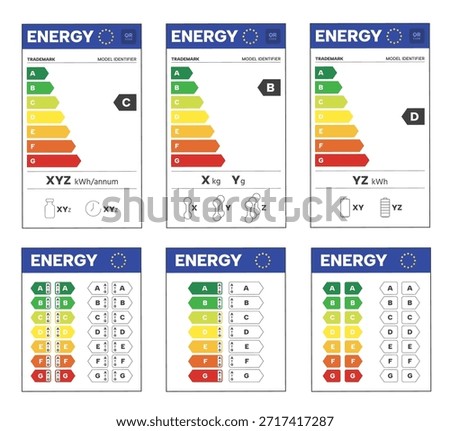 EU energy label. Green to red rating arrows for home appliance efficiency class, economical power consumption and eco standards. Bar chart and light bulb for economic diagnostic vector set.